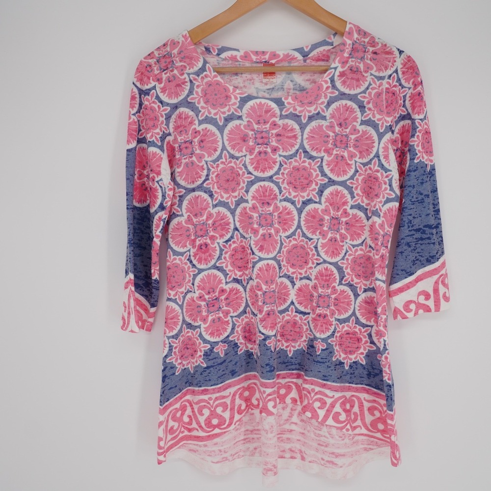 Before + Again Boho Tunic Top Womens M Geometric Waffle Thermal Long Sleeve